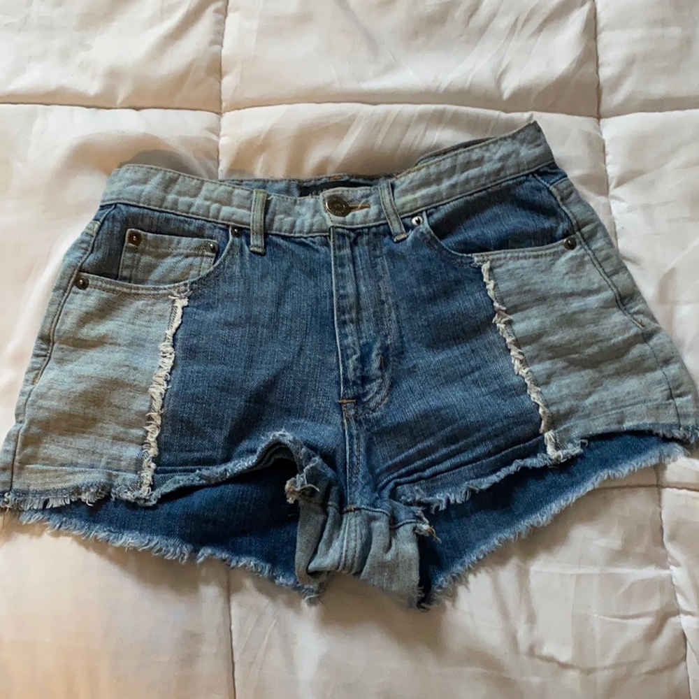 High Rise Denim Patchwork Shorts - image 1